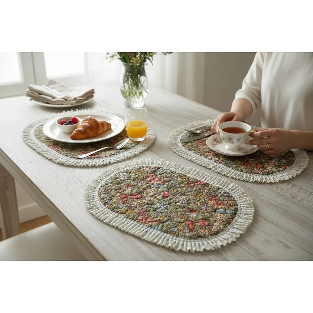 Vintage Floral Quilted Oval Placemats Set of 2 Lace Trim Butterfly Cottagecore